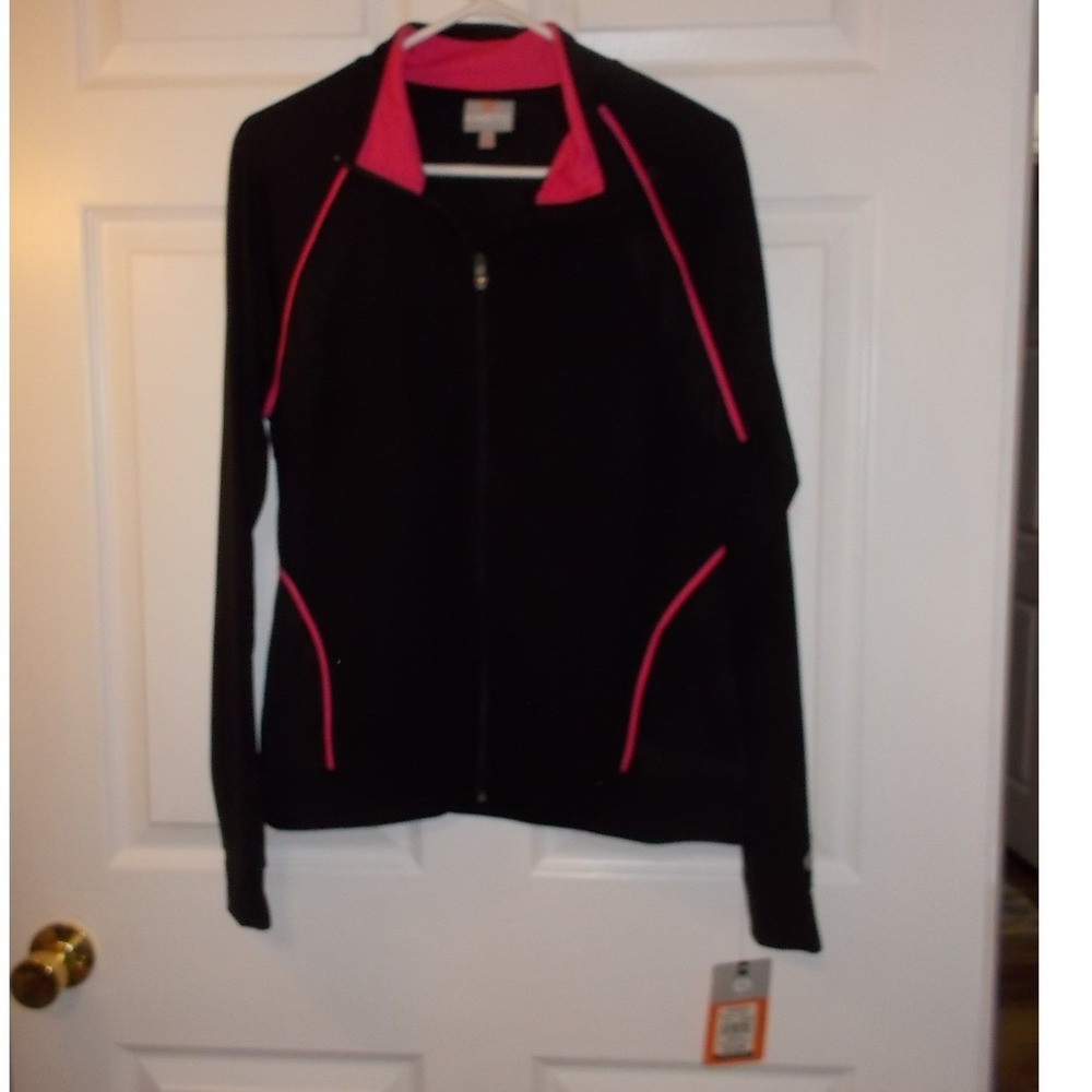 Kinetic Energy Womens Black Pink Full Zip Track Jacket Thumbholes Medium NWT